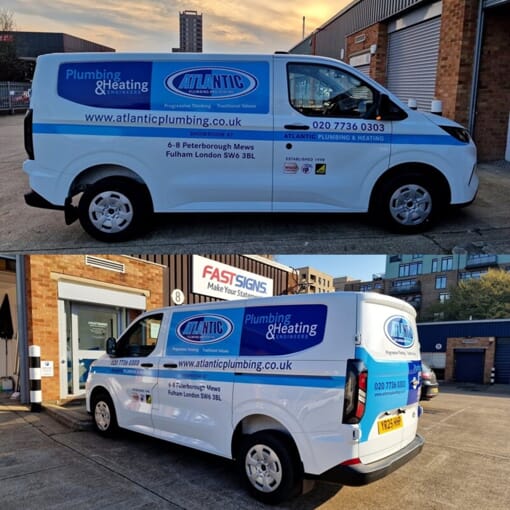 An image collage of a white Atlantic van with vehicle graphics and wraps